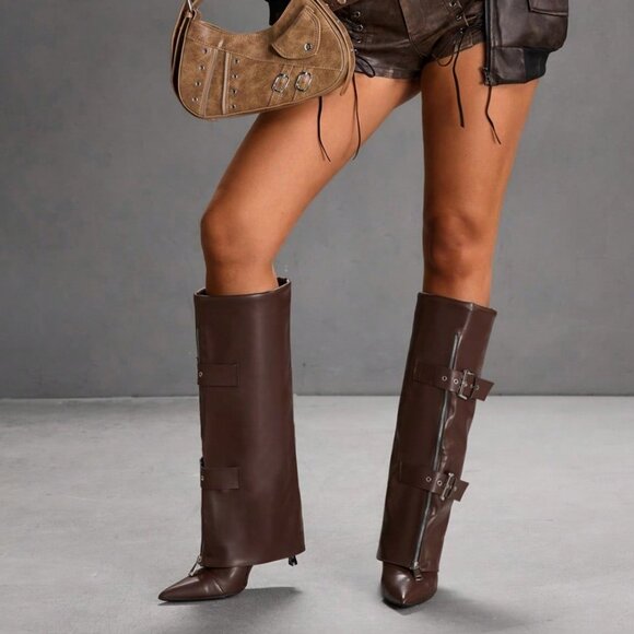 Rust Brown Casual Women's Pointed Toe Knee-High Heeled Boots - Picture 1 of 10